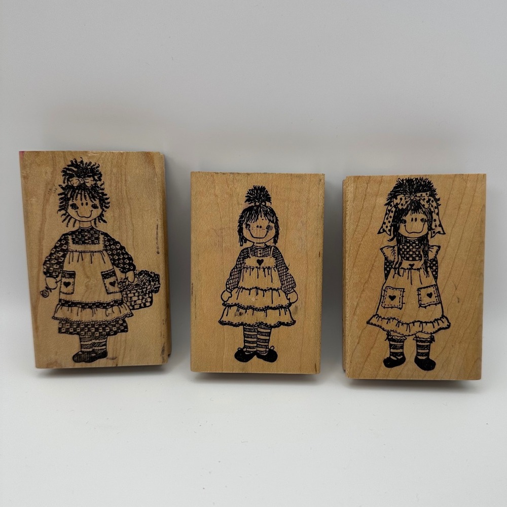 Wood Cellar Graphic Rag Doll Country Folk Art Girl Wood Rubber Stamp Lot Vintage